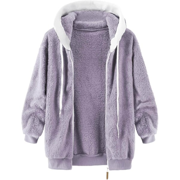 Hettejakke Dame Teddy Fleece Frakk Overgangsjakke med Hette med Lommer Glidelås Høst Vinter Plysj Jakke Fleece Jakke Vinter M A Purple