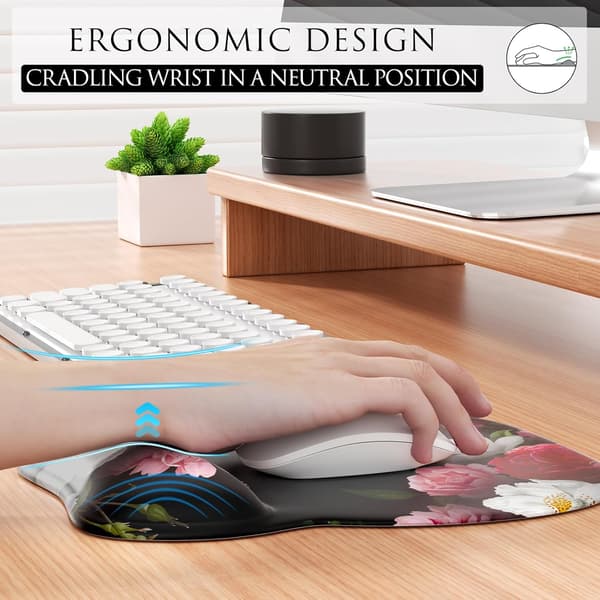 Ergonomisk musematte med håndleddstøtte i minneskum, komfortabel musematte for bærbar PC, smertelindrende håndleddstøtte Red Flower