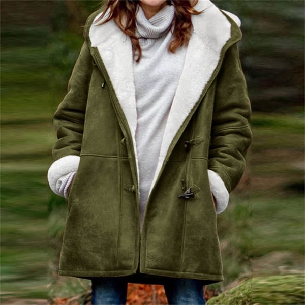 Damjackor Vinterrea Plus Size Dam Fleecefodrad Jacka Huvtröjor Fickor Ull Casual Huvad Jackor Hornknapp Casual Varm Jacka Trench 4XL 02 Army Green