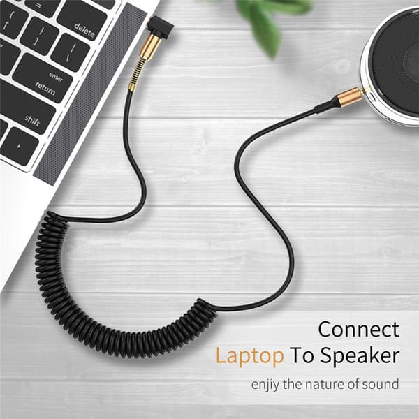 1m Strækbar AUX 3.5mm Lydkabel Spiral Kabel Sort