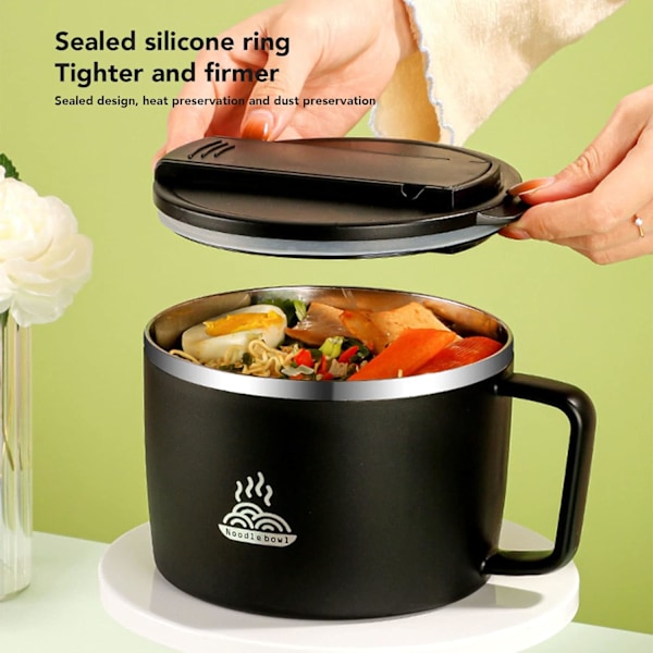 1200 ml:n 304 ruostumattomasta teräksestä valmistettu nuudelikulho, mikroaaltouunissa käytettävä nuudelikulhosetti, ramen-kulho, jossa syömäpuikot ja spork, kannettava keittokulho, kansi Black
