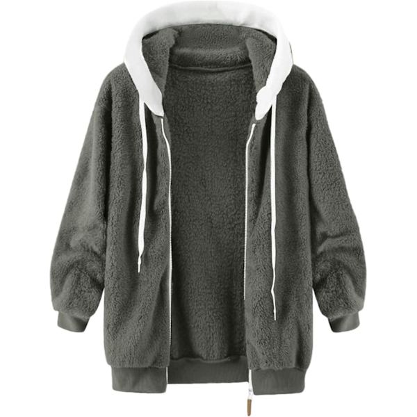 Hættejakke Dame Teddy Fleece Frakke Overgangsjakke med Hætte med Lommer Lynlås Efterår Vinter Plys Jakke Fleece Jakke Vinter 4XL C Grey