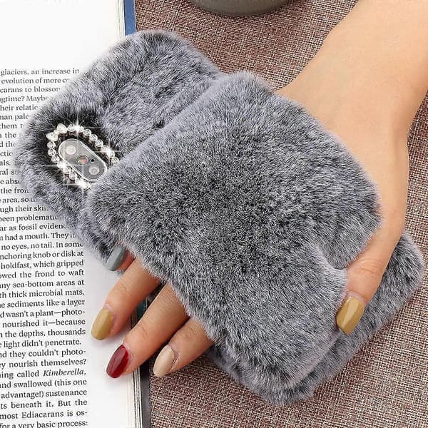 til iPhone 11 Case Søde Piger Blød Kunstpels Glitter Diamant Pelsede Fluffy Handske Silikone Telefon Cover Case til iPhone 11 Case Grå