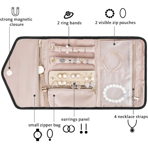Reise smykkeskrin rullbar sammenleggbar smykkeskrin for reise - ringer, halskjeder, armbånd, øredobber Black
