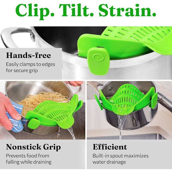 Kitchen Gizmo Snap N' Strain - Silikone Clip-On Si, Varmeresistent Dræn til Grøntsager og Pastanudler, Køkkenudstyr til Skål, Gryder Lime Green