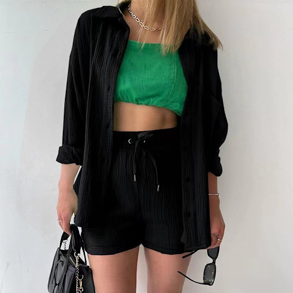 Crinkle Collar Langermet Skjorte med Høy Midje og Snøring Shorts Mote Casual Todelt Sett Svart S for Kvinner