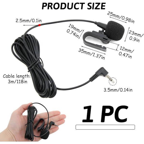 Ekstern bilmikrofon med 3,5/2,5 mm jack, bærbar lim for bil-DVD-stereospillere og Bluetooth, 3 meter kabel, plug and play