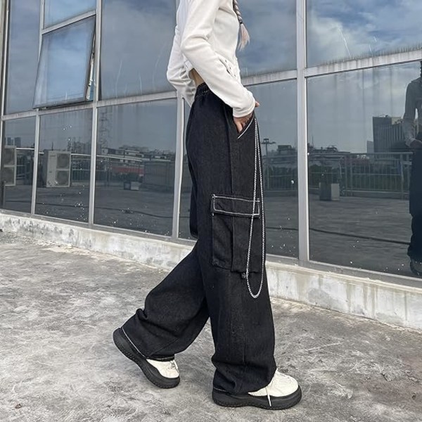 Svarta baggy jeans ficka last arbetsbälte kedja /M black M