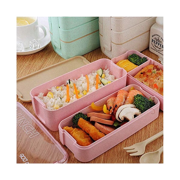 Bento Matboks, 3-i-1 Rom Inndelt Stablebar Bento Boks, Matbeholder av Hvetestrå med Bestikk, BPA-fri, Mikrobølgesikker - Rosa