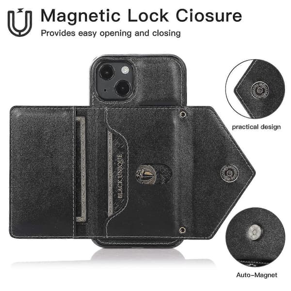 Mobilskal för iPhone 15 Triangel Lock Kortfack Läder+TPU-skydd med Lång Rem