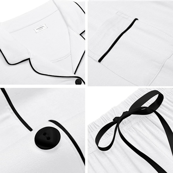 Kvinnors Pyjamas Set Kortärmad Nattkläder Dam Knapp Ned Nattkläder PJ Set med Ficka M White