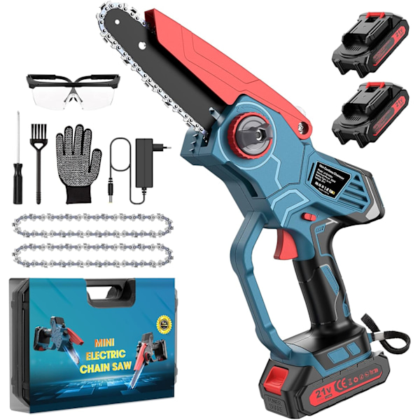 ®RisingFF Mini-akkusaha 6 tuuman, kannettava moottorisaha puun leikkaamiseen, 2 akkua, 2 ketjua