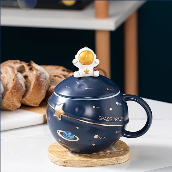 Kawaii Astronaut Kopp Rom Embossed Planet Krus, Søt Keramisk Kaffe Krus, Nyhet Krus Med Lokk Og Skje For Kaffe, Te, Melk Dark Blue