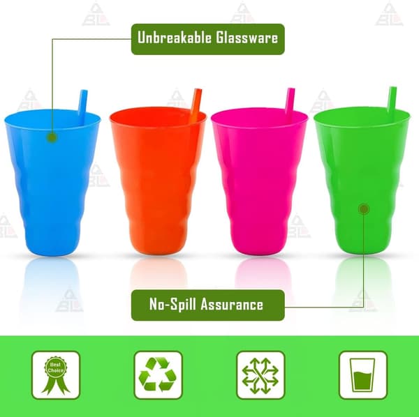 Dricksglas Set - Plastglas med Sugrör - Perfekt för Barns Drycker - 4-pack [ Blandade Färger ]