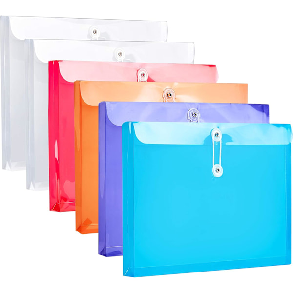 Plastic envelopes with button and loop closure, side loading, clear polyethylene reusable folders, document organizer