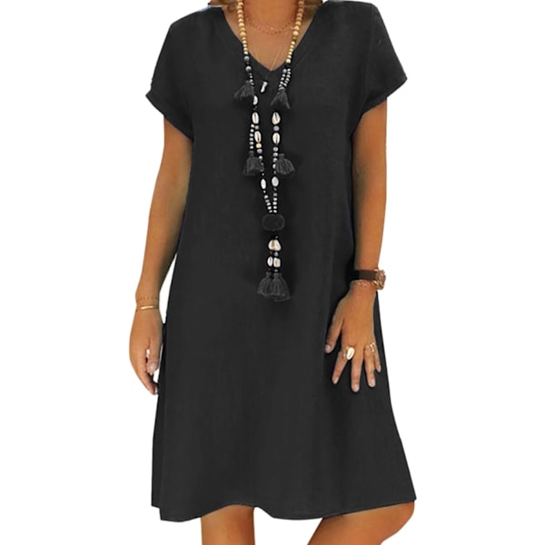 Damekjole Sommer Linskjoler Casual V-hals Midi Kjole Kort Erm A-linje Kjole Sommerkjole Tunikakjole Uten Tilbehør (Halskjede ikke inkludert) A Black M