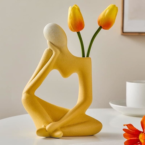 Tänkare Vas Staty, Abstrakt Figur Blomkrukor Dekorativa, Bordsvas, Modern Konst Vas, Abstraktion Blommor Vas, Nordisk Tänkare Staty (Gul) Yellow