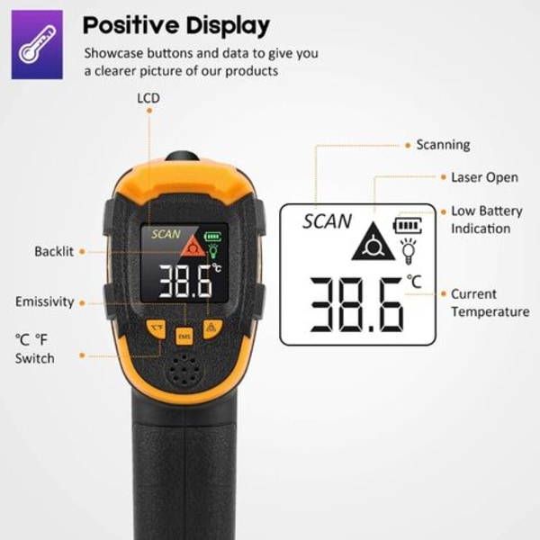 Beröringsfri digital lasertemperaturpistol Infraröd termometer -58°F~1112°F (-50°C~600°C) Justerbar emissivitet - icke-Fo