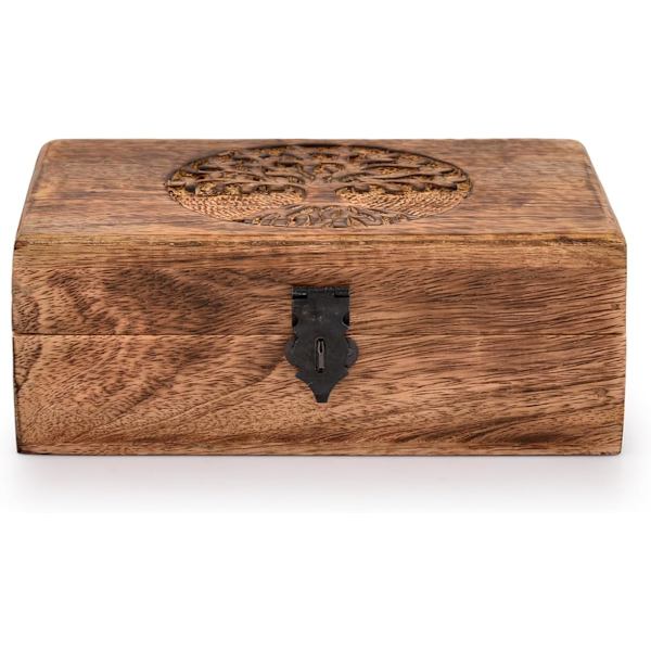 Handgjord Mango Trä Livets Träd Snidad Vacker Minnessak Behållare Smycken Förvaringslåda Unik Present (Flame Craft Finish)