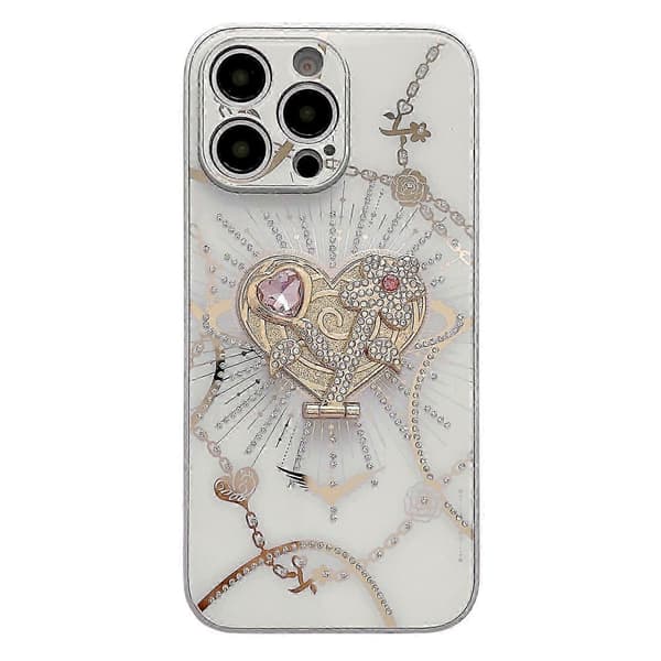 For iPhone 16 Pro Max Deksel Stativ TPU+PC Rhinestones Dekor Telefondeksel - Hvit