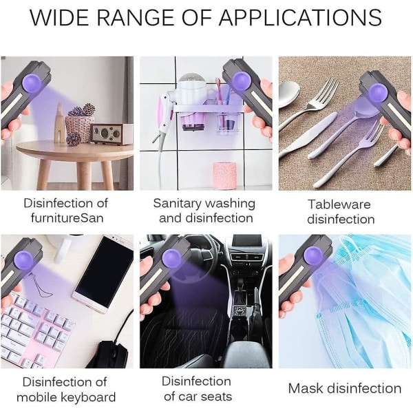UV-desinfiointilamppu, kannettava mini-UV-sterilointilaite, UVC-desinfiointisauva, LED+COB-bakteereja tappava taskulamppu, autoon, kotiin, kouluun