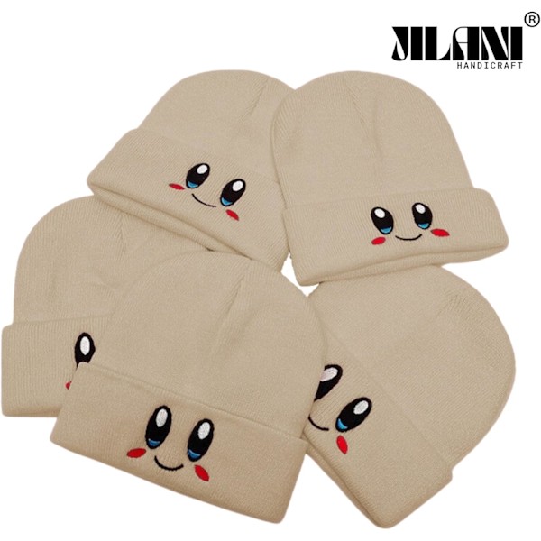 Handgjord - Kirby Beanie Vuxenstorlek Anime Hat Tillbehör Kawaii, med snyggt broderat mönster, Medium Biege M