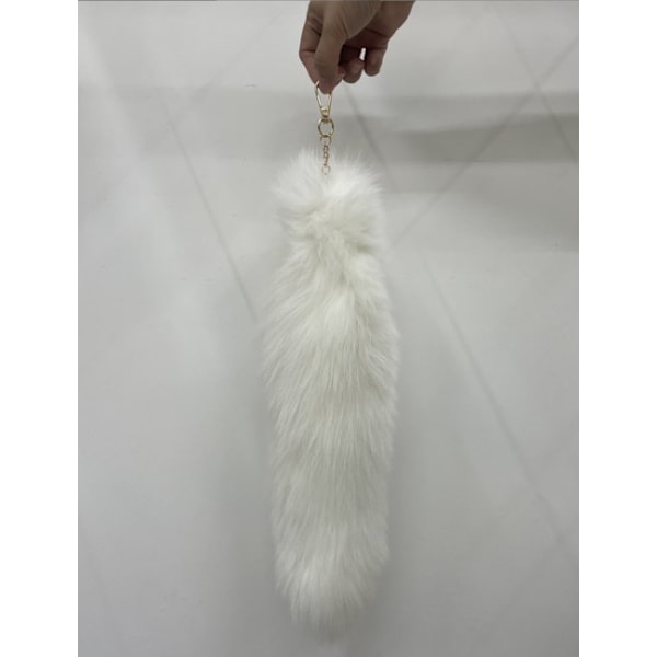 Plysset rævehale nøglering, pelset dyrehale nøglering, nøglering 40 cm dyrehale - hvid rævehale white