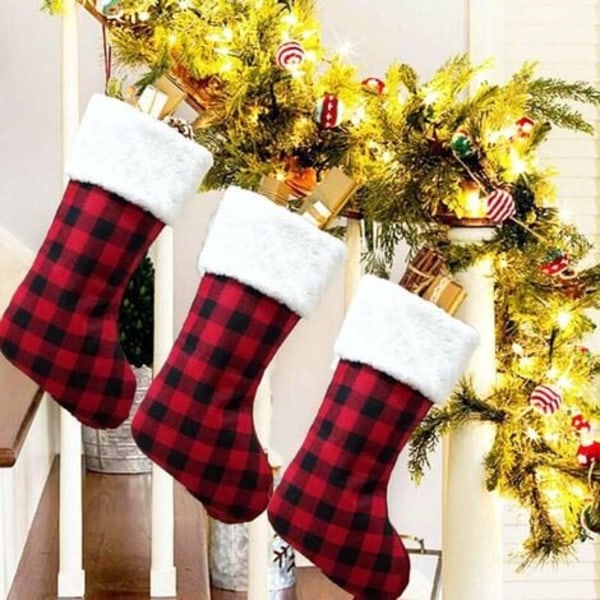 3 Pack 16,5 tommer Buffalo Plaid julestrømpe med plys manchet strømpe Rustik julestrømpe ornament sæt til Fa