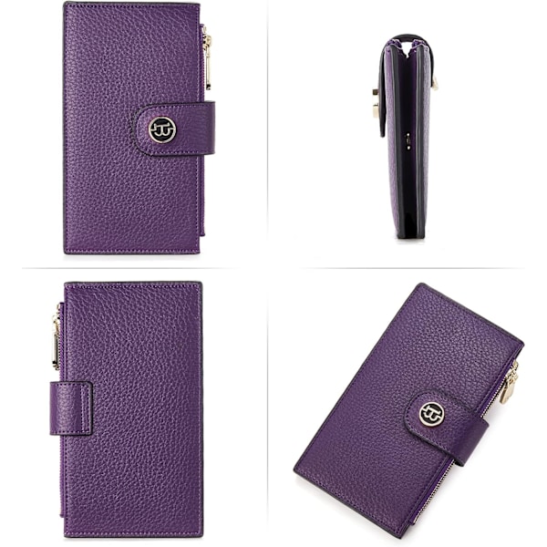 Läderplånböcker för Kvinnor RFID-skydd Smal Bofild Plånbok Korthållare med Dragkedjeficka Purple