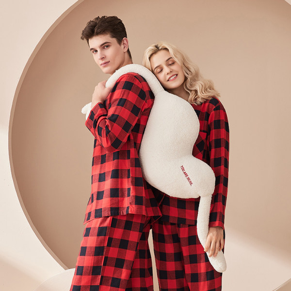 Røde og sorte par efterår og vinter ren bomuld kvinders pyjamas sæt kan bæres 2XL Women's 2XL