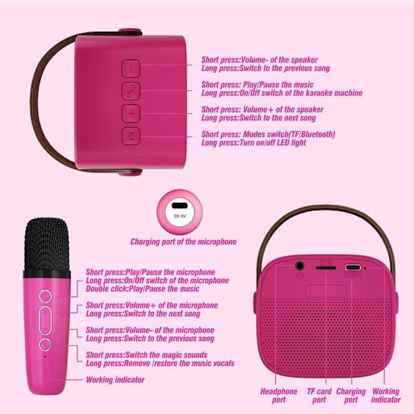 Karaokemaskin för barn med 2 trådlösa mikrofoner, bärbar Bluetooth-högtalare, presentleksaker för flickor och pojkar födelsedag Rose 1 Mic