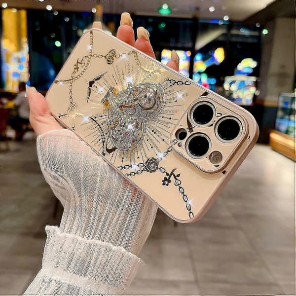 For iPhone 16 Pro Max Deksel Stativ TPU+PC Rhinestones Dekor Telefondeksel - Hvit
