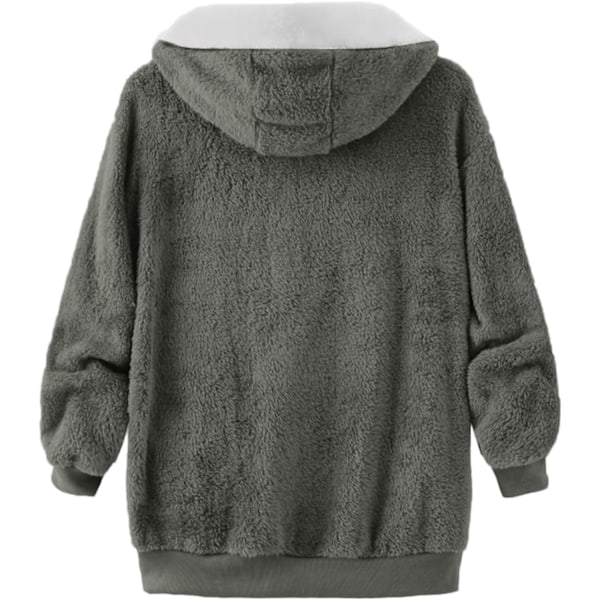 Hettejakke Dame Teddy Fleece Frakk Overgangsjakke med Hette med Lommer Glidelås Høst Vinter Plysj Jakke Fleece Jakke Vinter XXL C Grey