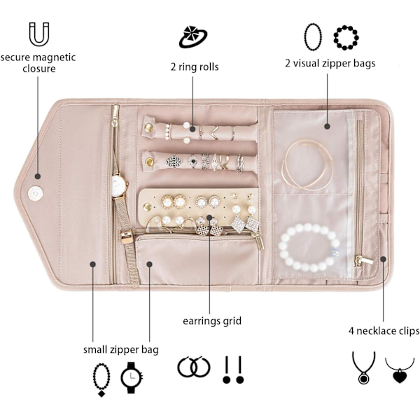Rejse Smykkearrangør Rul Foldbar Smykkeetui til Rejse-Ringe, Halskæder, Armbånd, Øreringe Pink