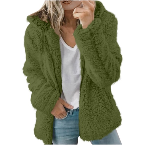 Dame Plysjakke med Hætte Fluffy Fleece Hættejakke Top Vinter Varmt Casual Hærgrøn Farve L Army Green L