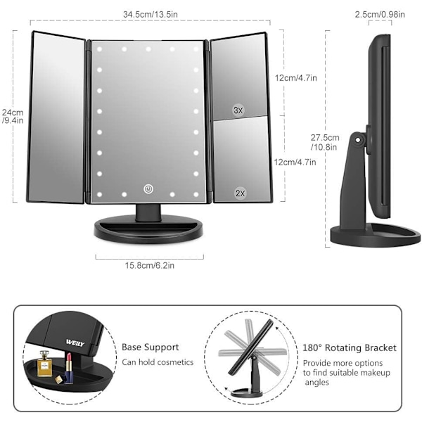 Valaistu meikkipeili 21 LED-valolla, kaksoisvirtalähde 2X/3X suurentava LED, säädettävä kirkkaus ja kulma (musta) Black