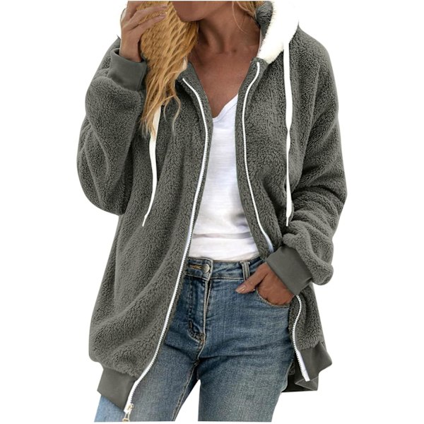 Huva jacka dam teddy fleece kappa övergångsjacka med huva med fickor dragkedja höst vinter plysch jacka fleece jacka vinter XXL C Grey