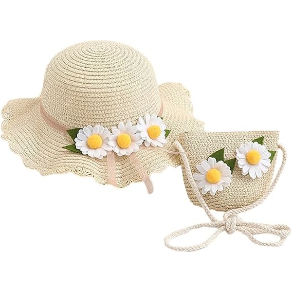 Sommarhatt för små flickor, bredbrättad strandhatt i strå med blomma och axelväska