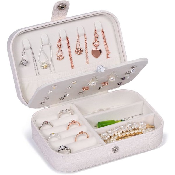 Liten smyckeskrin, bärbar resesmyckeskrin för kvinnor, smyckesorganisatör för ringar, örhängen, armband och halsband, 16,5 x 11,5 x 5,5 cm Blanco