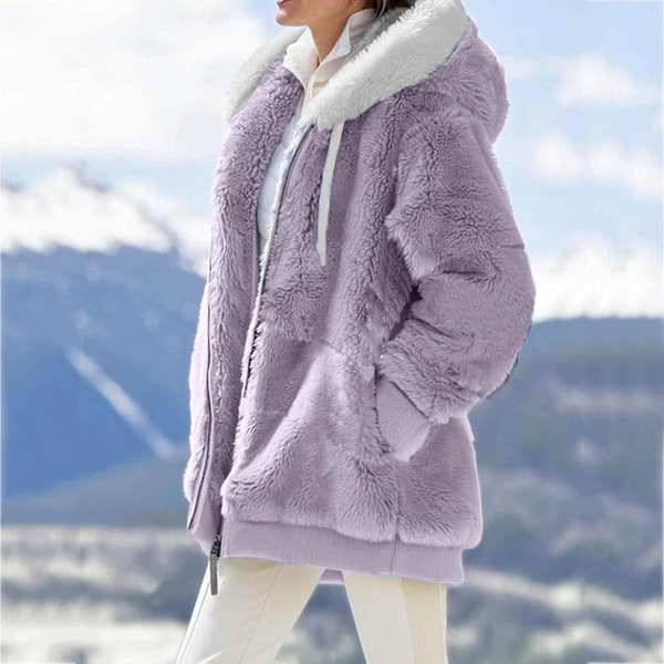 Hettejakke Dame Teddy Fleece Frakk Overgangsjakke med Hette med Lommer Glidelås Høst Vinter Plysj Jakke Fleece Jakke Vinter XL A Purple