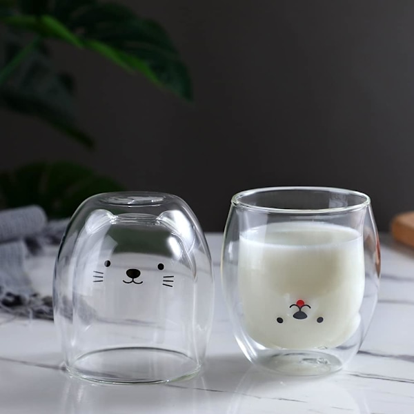 Bjørnekop Søde krus til kvinder Glas Dobbeltvægget isolerede glas Espresso kop, Kaffe kop, Tekop, Mælkekop, Bedste gave Happy Dog