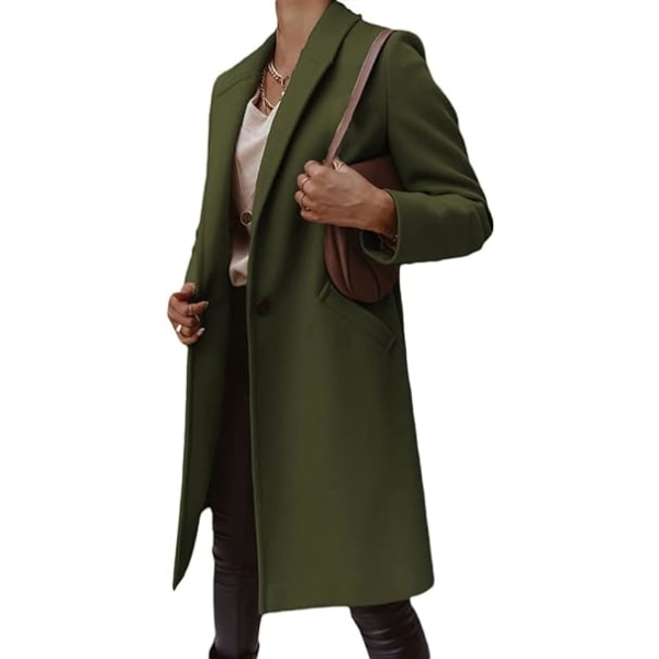 Armygrøn S-kode efterår-vinter ensfarvet revers mellemlang knapfrakke frakke kvinde Army green S