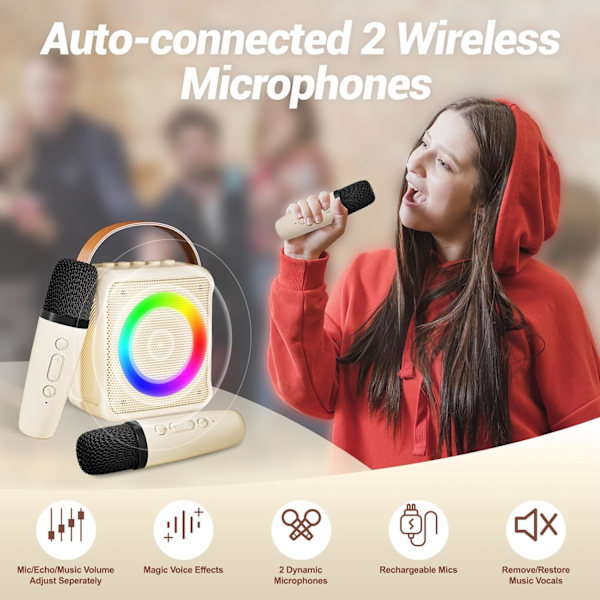 Karaokeleker for barn og voksne med 2 mikrofoner, bærbar karaokemaskin med LED-lys og stemmeforvrengningseffekter, (Beige) Off-white