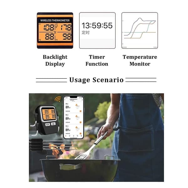 Tuya 100m Trådlös Kötttermometer för Matlagning i Kök, Ugn, Grill och Barbecue (Silver)
