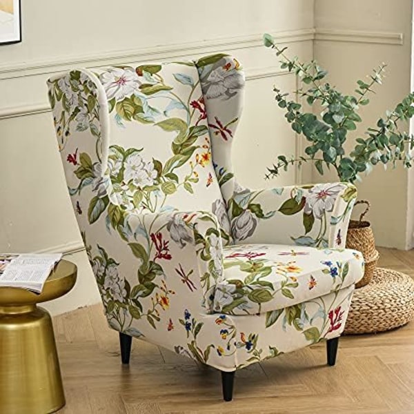 Highdi Stretch Slipcover för Strandmon Wing Chair, Set med 2 Sofföverdrag med Kuddfodral, Fåtöljskydd Flor Y Hoja