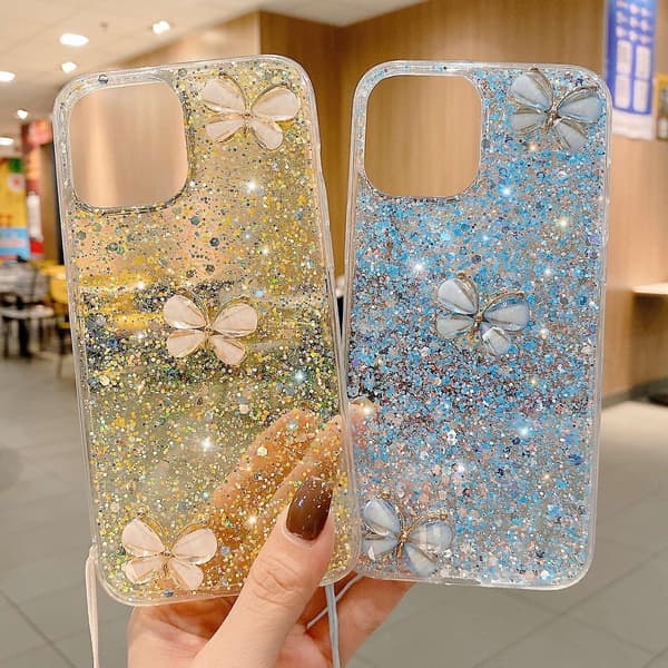 Stjernesequin Jade Sommerfugl Epoxy TPU Telefondeksel med Stropp for iPhone 12 Pro Max