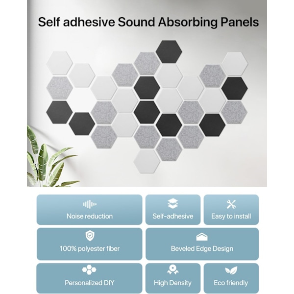Akustikpaneler 12-pack hexagonala självhäftande akustikpaneler Ljuddämpande skumpaneler Akustikpaneler 30 x 25 cm