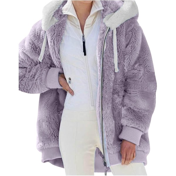 Hettejakke Dame Teddy Fleece Frakk Overgangsjakke med Hette med Lommer Glidelås Høst Vinter Plysj Jakke Fleece Jakke Vinter L A Purple