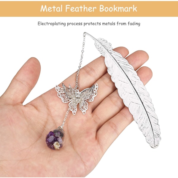 Metal Fjer Bogmærke, med 3D Sommerfugl og Glasperler Tørret Blomst Vedhæng, Ideel Gave Flor blanca púrpura de plumas plata