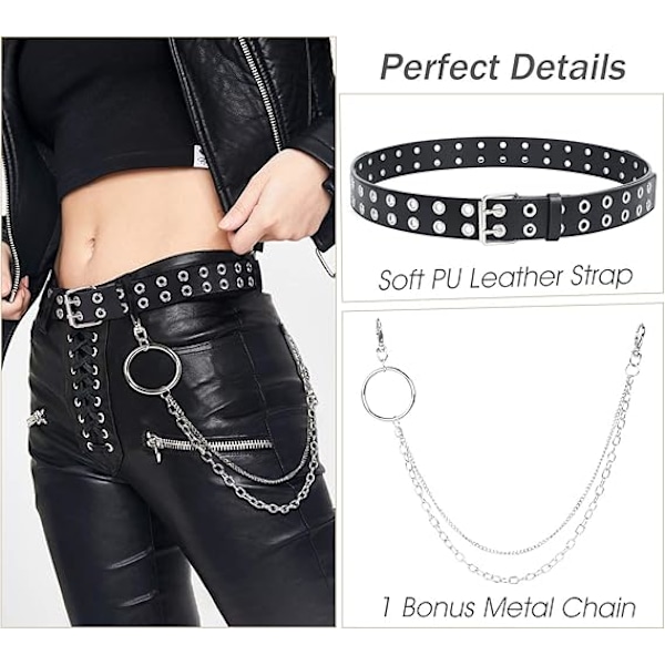 Kaksinkertainen niittireikäinen nahkavyö irrotettavalla ketjulla naisille ja miehille, punk musta vyö kaksinkertaisilla niiteillä farkuille B. Black With Chain